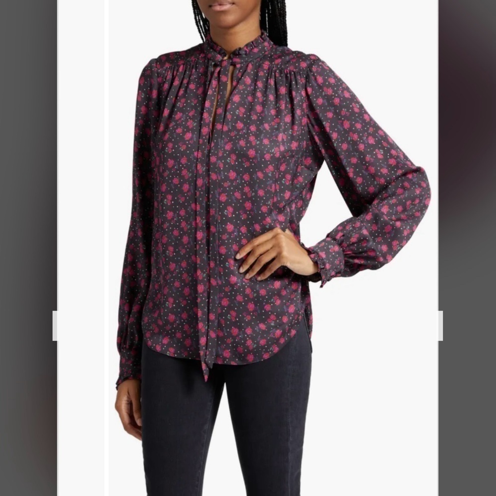 Veronica Beard Louama Floral Blouse Tie-neck in Black Multi - Picture 2 of 9